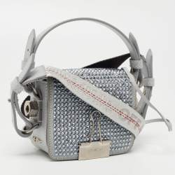 Pre Owned Off-White Ash Grey Crystal Embellishment Suede and Leather Baby Binder Flap Bag