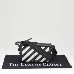 Pre Owned Off-White Black/White Diagonal Print Leather Mini Binder Clip Crossbody Bag
