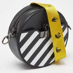 Pre Owned Off-White Black/White Diagonal Striped Leather Round Crossbody Bag