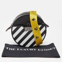 Pre Owned Off-White Black/White Diagonal Striped Leather Round Crossbody Bag