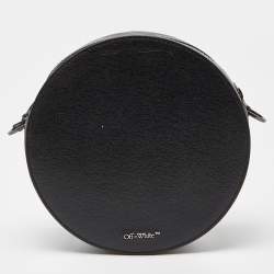 Pre Owned Off-White Black/White Diagonal Striped Leather Round Crossbody Bag