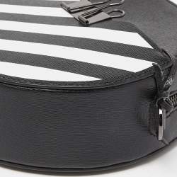 Pre Owned Off-White Black/White Diagonal Striped Leather Round Crossbody Bag