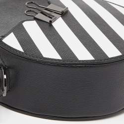 Pre Owned Off-White Black/White Diagonal Striped Leather Round Crossbody Bag