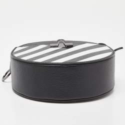 Pre Owned Off-White Black/White Diagonal Striped Leather Round Crossbody Bag