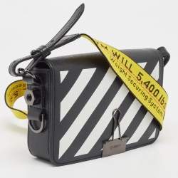 Pre Owned Off-White Black/White Diagonal Print Leather Mini Binder Clip Crossbody Bag