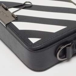 Pre Owned Off-White Black/White Diagonal Print Leather Mini Binder Clip Crossbody Bag