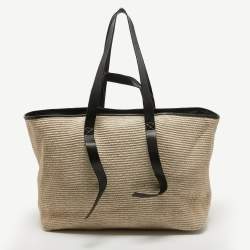 Pre Owned Off-White Beige/Black Straw and Leather Logo Print Commercial Tote