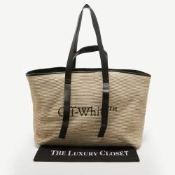 Pre Owned Off-White Beige/Black Straw and Leather Logo Print Commercial Tote