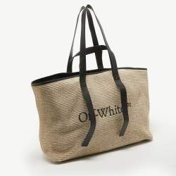 Pre Owned Off-White Beige/Black Straw and Leather Logo Print Commercial Tote