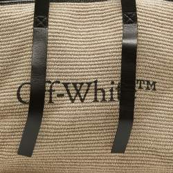 Pre Owned Off-White Beige/Black Straw and Leather Logo Print Commercial Tote