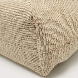 Pre Owned Off-White Beige/Black Straw and Leather Logo Print Commercial Tote