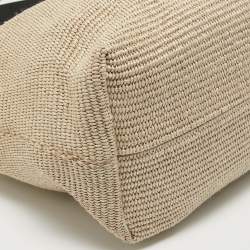 Pre Owned Off-White Beige/Black Straw and Leather Logo Print Commercial Tote