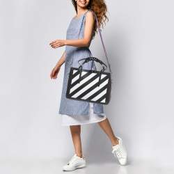 Pre Owned Off-White Black/White Diagonal Print Leather Binder Tote