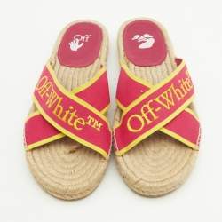 Pre Owned Off-White Pink/Yellow Canvas Crisscross Flat Slides Size 38
