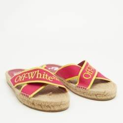 Pre Owned Off-White Pink/Yellow Canvas Crisscross Flat Slides Size 38