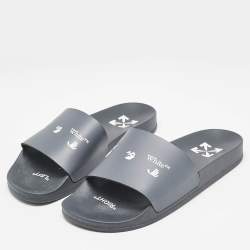 Off-White Blue Leather Logo Pool Slide Flats Size 40