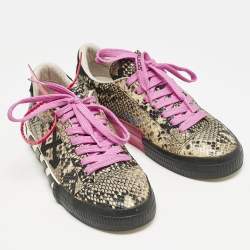 Off-White Beige/Black Python Embossed Leather Vulcanised Low Top Sneakers Size 39