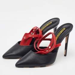 Off-White Black/Red Leather Pointed Toe Zip Tie Ankle Strap Mules Size 40