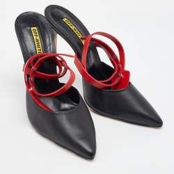 Off-White Black/Red Leather Pointed Toe Zip Tie Ankle Strap Mules Size 40