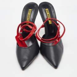 Off-White Black/Red Leather Pointed Toe Zip Tie Ankle Strap Mules Size 40