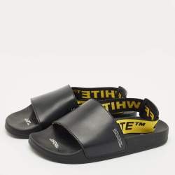 Off-White Black Rubber and Leather Industrial Belt Slingback Slide Sandals Size 39