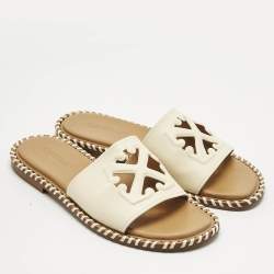 Off-White Cream Leather Twist Arrow Flat Slides Size 38