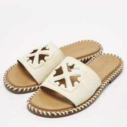 Off-White Cream Leather Twist Arrow Flat Slides Size 38