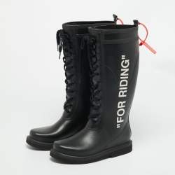 Pre Owned Off-White Quote Motif Size 40 Black Rubber Knee Length Boots