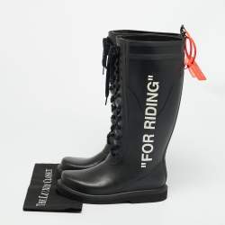 Pre Owned Off-White Quote Motif Size 40 Black Rubber Knee Length Boots