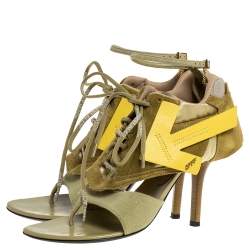 Pre Owned Off White Green Leather and Fabric Virgil Abloh Heeled Runner Suede Sandals Size 40