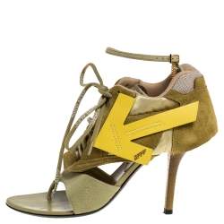 Pre Owned Off White Green Leather and Fabric Virgil Abloh Heeled Runner Suede Sandals Size 40