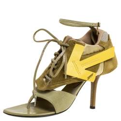 Pre Owned Off White Green Leather and Fabric Virgil Abloh Heeled Runner Suede Sandals Size 40
