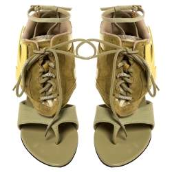 Pre Owned Off White Green Leather and Fabric Virgil Abloh Heeled Runner Suede Sandals Size 40