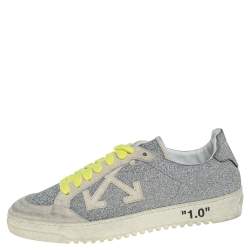 Off-White c/o Virgil Abloh Arrow 2.0 Silver Glitter Leather And Suede Distressed Lace Up Sneakers Size 38