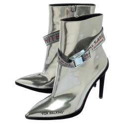 Pre Owned Off White Silver Patent  Pointed Toe Ankle Booties Size 37
