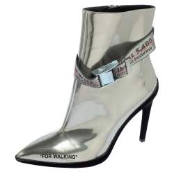 Pre Owned Off White Silver Patent  Pointed Toe Ankle Booties Size 37