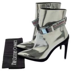 Pre Owned Off White Silver Patent  Pointed Toe Ankle Booties Size 37