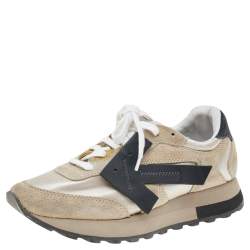 Off-White Beige/Black Fabric And Suede Arrow Running Low Top Sneakers Size 37