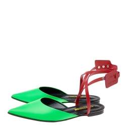 Off-White Green/Red Leather Pointed Toe Slingback Flat Sandals Size 38