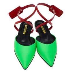Off-White Green/Red Leather Pointed Toe Slingback Flat Sandals Size 38