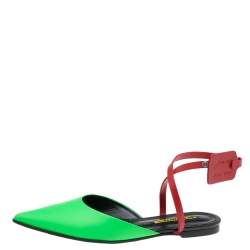 Off-White Green/Red Leather Pointed Toe Slingback Flat Sandals Size 38