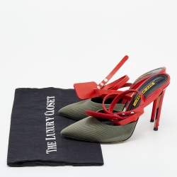 Off-White Green/Red Denim and Leather Zip Tie Ankle Strap Sandals Size 36