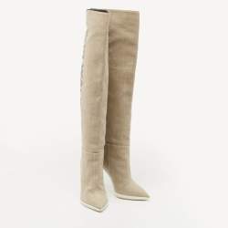 مملوكة مسبقًا Off-White Beige Canvas For Walking Knee High Boots Size 38