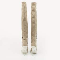مملوكة مسبقًا Off-White Beige Canvas For Walking Knee High Boots Size 38