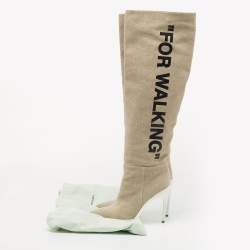 مملوكة مسبقًا Off-White Beige Canvas For Walking Knee High Boots Size 38