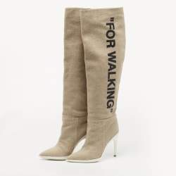 مملوكة مسبقًا Off-White Beige Canvas For Walking Knee High Boots Size 38