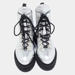 Pre Owned Off-White Silver Leather Lace Up Boots Size 36