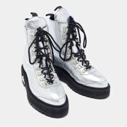 Pre Owned Off-White Silver Leather Lace Up Boots Size 36