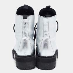 Pre Owned Off-White Silver Leather Lace Up Boots Size 36