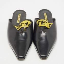 Off-White Black/Yellow Leather and Logo Elastic Flat Mules Size 40